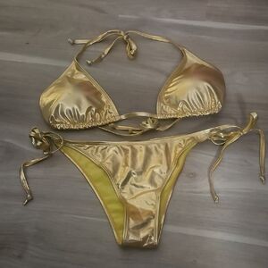 Metallic Gold String Bikini Size XL Tues Around Neck & On Back Very Sexy